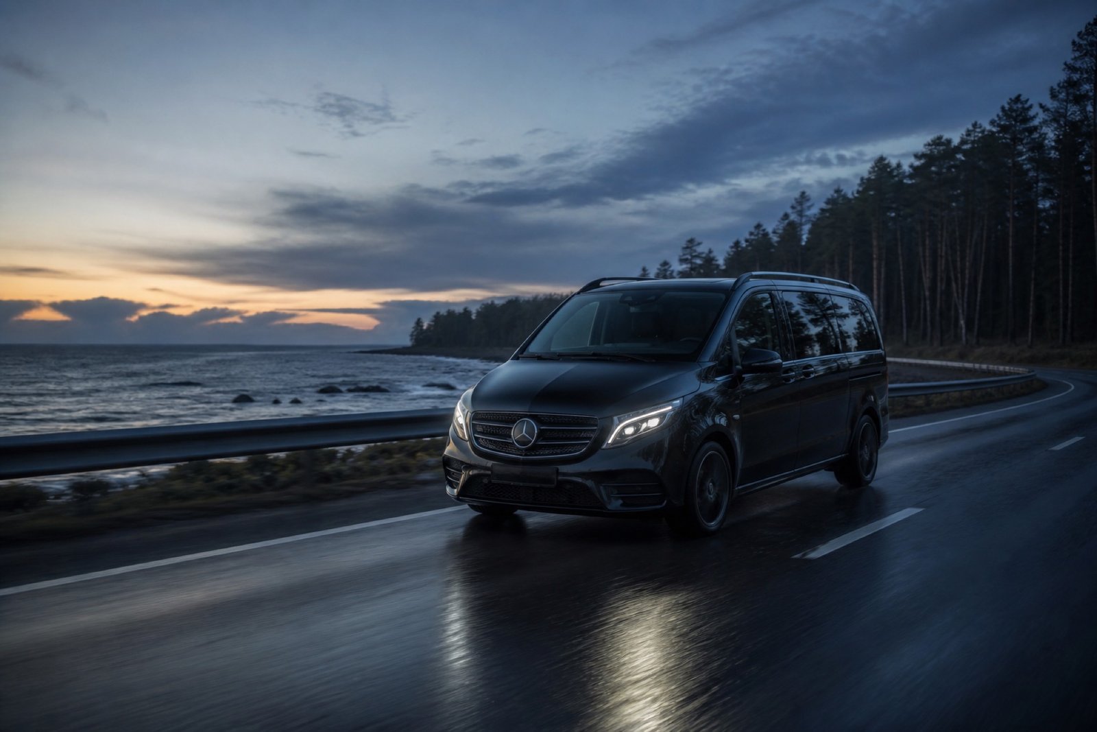 Private transfer vehicle on a Baltic coastal road at dusk